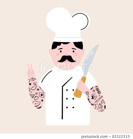 Vector illustration of a funny tattooed chef cook with a knife Vector illustration of a funny tattooed chef cook with a knife 83522515