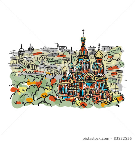 Cathedral of the Resurrection on the Blood, and Church of the Savior on Blood in St. Petersburg, Russia. Vector sketch design 83522536