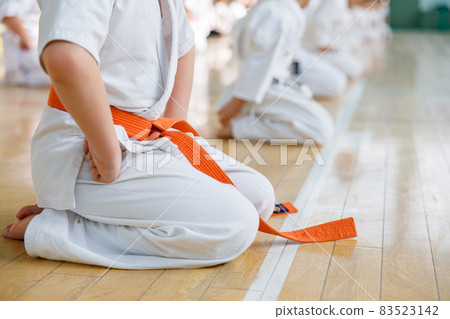 Karate students train in the martial arts hall. Martial arts school training in the gym. 83523142