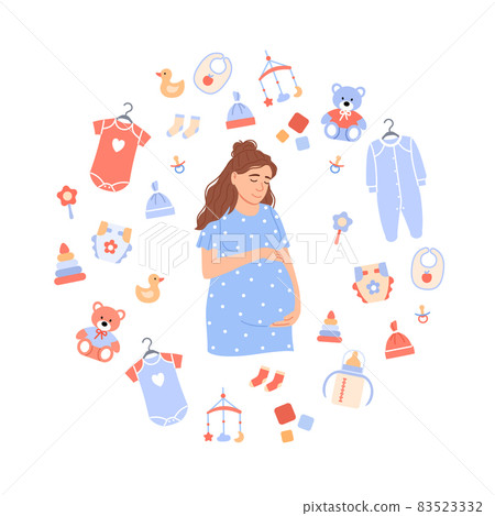 Happy pregnant woman portrait on baby background. Flat Caucasian expectant holds belly in cartoon circle frame with cute kids clothing toys accessories. Maternity concept illustration. 83523332