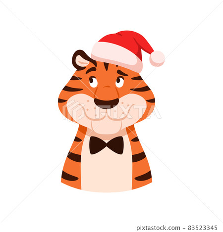 Flat happy smiling thinking striped tiger in Santa hat portrait isolated on white background. Cute funny wild cat head. New Year 2022 Chinese symbol. Holiday animal character vector illustration. 83523345