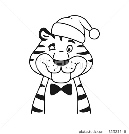 Black and white line winking tiger portrait isolated coloring page. Cartoon striped happy character in Santa hat. Adorable outline New Year symbol. Christmas holiday sketch wildcat vector illustration 83523346