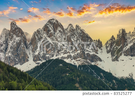 Dolomites Alps mountain sunrise landscape at Santa Maddalena village with walk path in spring season, St. Magdalena Italy 83525277