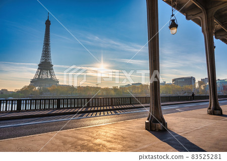 Paris France, city skyline sunrise at Eiffel Tower and Seine River Bir-Hakeim Bridge Paris France, city skyline sunrise at Eiffel Tower and Seine River Bir-Hakeim Bridge 83525281