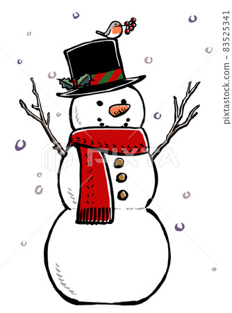 Christmas snowman in a top hat where robins stay against the backdrop of falling snow. Brush drawing and matte painting. Christmas snowman in a top hat where robins stay against the backdrop of falling snow. Brush drawing and matte painting. 83525341