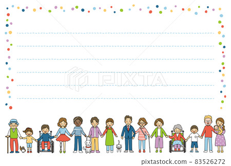 Postcard templates with illustrations of prostheses, wheelchairs, visually impaired, hearing impaired, people of various races and ages 83526272
