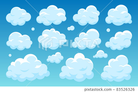 Cloud blue flat set. Cartoon clear weather symbol for game app widget website interface. Meteorology wallpaper splash element cloudless sky 2D. Free nodding shape postcard book advertising isolated 83526326