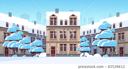 winter city street with modern houses exterior urban buildings facade horizontal cityscape background 83526612