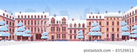 winter city street with modern houses exterior urban buildings facade horizontal 83526613