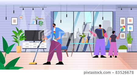 male parents cleaning house with little son gay family transgender love LGBT community concept 83526678