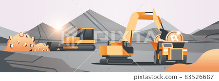 excavator loading bitcoins on heavy truck mining transport golden coin digital money production cryptocurrency blockchain 83526687