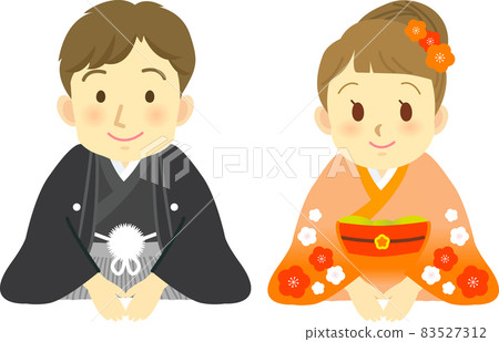 插圖素材：身著和服的成年男女端坐迎新年。微笑集 83527312