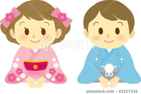 Illustration material: A figure of a child's man and woman in kimono sitting upright and greeting the New Year. Smile set Illustration material: A figure of a child's man and woman in kimono sitting upright and greeting the New Year. Smile set 83527316