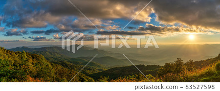 Tropical forest nature landscape sunset view with mountain range at Doi Inthanon, Chiang Mai Thailand panorama 83527598
