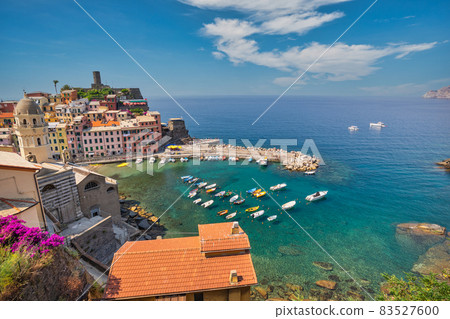 Vernazza Italy, city skyline at Cinque Terre village with blue water Mediterranean Sea 83527600