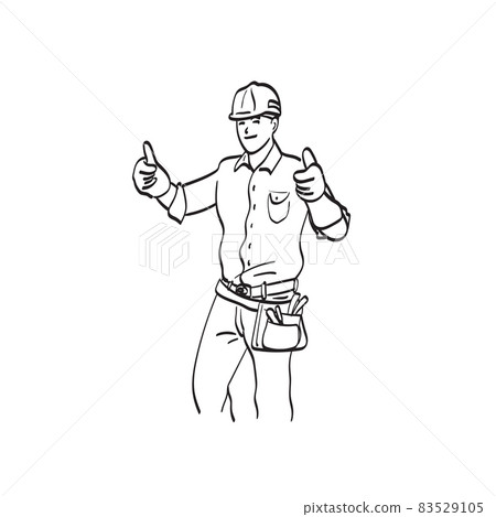 successful male worker with hard hat showing thumbs up hand sign illustration vector isolated on white background line art. successful male worker with hard hat showing thumbs up hand sign illustration vector isolated on white background line art. 83529105