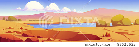 Crater in desert oasis with river, sand and plants Crater in desert oasis with river, sand and plants 83529622