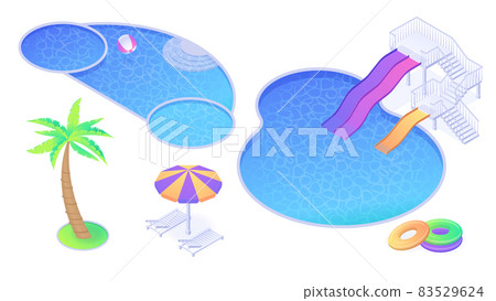 Isometric swimming pool, slides, palm tree set 83529624