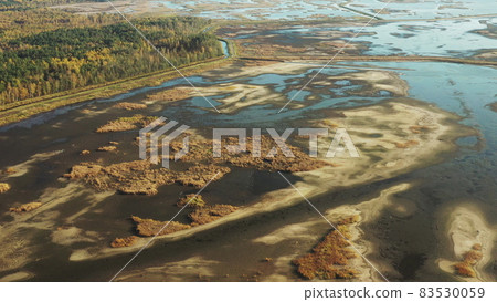 Belarus. Aerial View Of Ponds Autumn Landscape. Ponds of fisheries in the south of Belarus. Top View Of Fish Farms From High Attitude. Drone View. Bird's Eye View 83530059