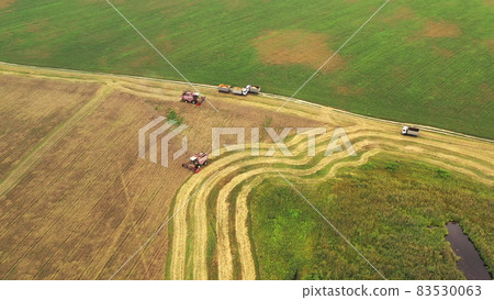 Aerial View Of Rural Landscape. Combines Harvesters Working In Field, Collects Seeds. Harvesting Of Wheat In Late Summer. Agricultural Machine Collecting Golden Ripe. Bird's-eye Drone View Aerial View Of Rural Landscape. Combines Harvesters Working In Field, Collects Seeds. Harvesting Of Wheat In Late Summer. Agricultural Machine Collecting Golden Ripe. Bird's-eye Drone View 83530063