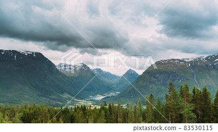 Byrkjelo Village, Sogn Og Fjordane County, Norway. Beautiful Sky Above Norwegian Rural Landscape. Bergheimsvatnet Lake In Summer Day. Agricultural And Weather Forecast Concept. Time-lapse 4k 83530115
