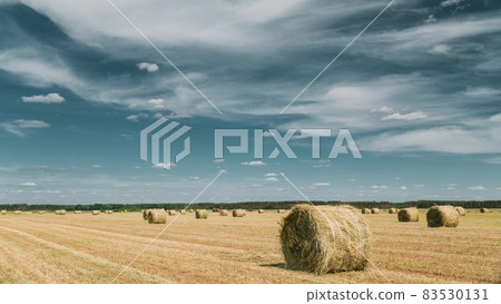 Set. Rural Landscape Field Meadow With Hay Bales After Harvest. Time Lapse, Timelapse, Time-lapse 83530131