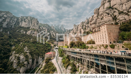 Set. Santa Maria De Montserrat. Benedictine Abbey In Mountain Of Montserrat, In Monistrol De Montserrat, In Catalonia, Spain. Summer Timelapse, Time-lapse. Rocky Range Set. Santa Maria De Montserrat. Benedictine Abbey In Mountain Of Montserrat, In Monistrol De Montserrat, In Catalonia, Spain. Summer Timelapse, Time-lapse. Rocky Range 83530134