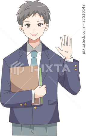 Female student waving with a booklet (short hair) 83530148