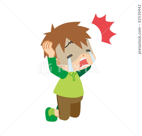 Illustration of a cute little boy holding his head and crying and despairing White background clip art 83530442