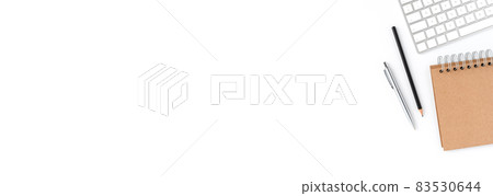 Overhead shot of elegant business workplace with keyboard, notebook and pen. Office desktop concept. Banner Overhead shot of elegant business workplace with keyboard, notebook and pen. Office desktop concept. Banner 83530644
