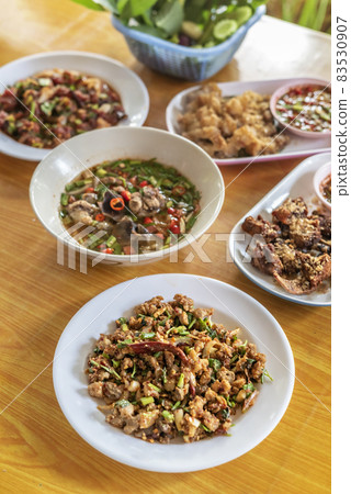 spicy minced meat with mixed vegetables on dish 83530907