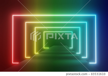 3d render of RGB neon light on darkness background. Abstract Laser lines show at night. Ultraviolet spectrum beam scene 3d render of RGB neon light on darkness background. Abstract Laser lines show at night. Ultraviolet spectrum beam scene 83531610