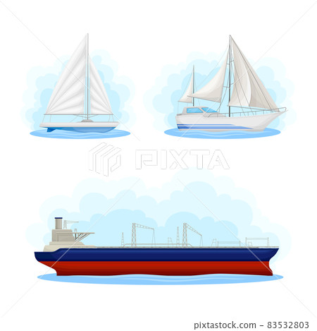 Water Transport with Reefer Cargo Ship and Sail Boat Vector Set 83532803