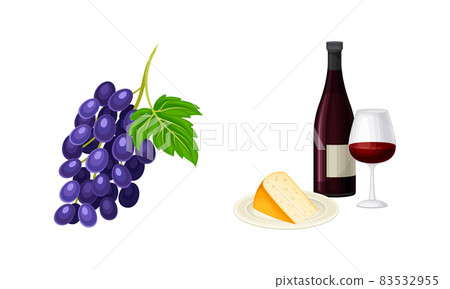 Wine Bottle with Glass for Degustation and Grape Cluster Vector Set 83532955