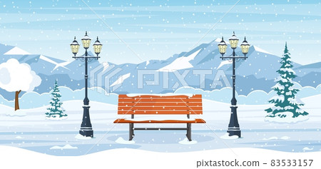 Winter city park with wooden bench, - Stock Illustration [83533157] - PIXTA