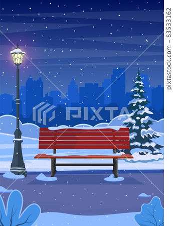 Winter city park with wooden bench, 83533162