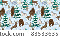 Forest wild animals in the winter snowy forest. Wolf, bear, deer and hare walk in snow trees. Design background textile print , seamless pattern. 83533635