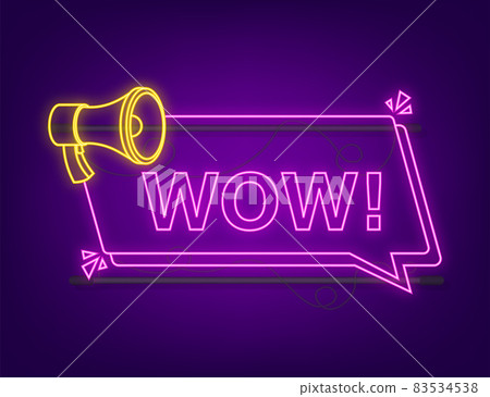 Wow neon megaphone. Flat vector illustration. Announce promotion offer. People communicate 83534538