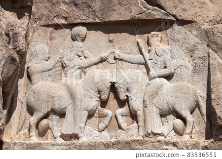 Stone bas-relief of Investiture of Ardashir I, royal tombs in Naqsh-e Rustam, Iran 83536551