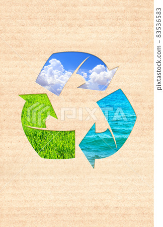 Vertical banner with eco paper texture, arrows recycle symbol and grass, blue sky, water Vertical banner with eco paper texture, arrows recycle symbol and grass, blue sky, water 83536583