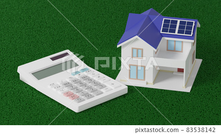 太陽能電池板放置在平面上的微型房屋和計算器 83538142