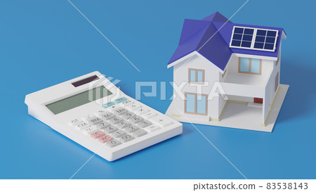 太陽能電池板放置在平面上的微型房屋和計算器 太陽能電池板放置在平面上的微型房屋和計算器 83538143