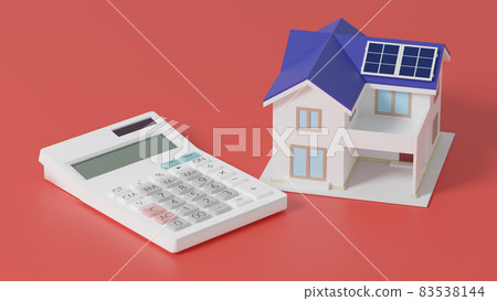 Miniature house and calculator with solar panels placed on a flat surface Miniature house and calculator with solar panels placed on a flat surface 83538144