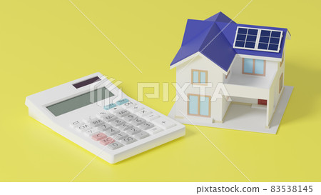 Miniature house and calculator with solar panels placed on a flat surface Miniature house and calculator with solar panels placed on a flat surface 83538145