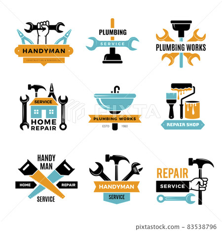 Plumbing badges. Home renovation logo handyman domestic bathroom repair recent vector construction symbols Plumbing badges. Home renovation logo handyman domestic bathroom repair recent vector construction symbols 83538796