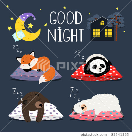 Sleepy animals. Fox bear panda lama alpaca sleep animal set on pillows vector graphics, funny cartoon sleepiness mammals and sleeping crescent cute relax lazy characters Sleepy animals. Fox bear panda lama alpaca sleep animal set on pillows vector graphics, funny cartoon sleepiness mammals and sleeping crescent cute relax lazy characters 83541365