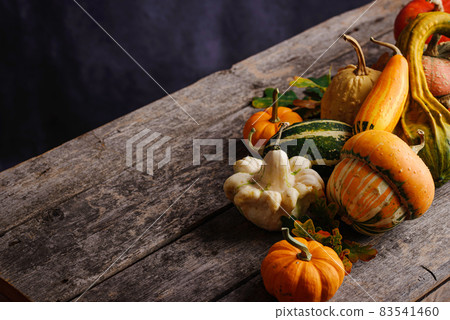 Various decorative pumpkins and dry leaves. Various decorative pumpkins and dry leaves. 83541460