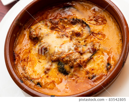 Fresh moussaka with beef served on table 83542805