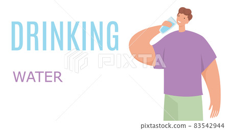 Young man drinking fresh water from bottle. Dehydrated person enjoying clean aqua, quenching thirst. Thirsty male with pure refreshing liquid. Flat vector illustration isolated on white background 83542944