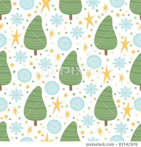 Seamless pattern with Christmas fir cones, needles and snowflakes. Repeating background with coniferous branch. Vintage winter texture with conifer twigs. Hand-drawn vector illustration for printing 83542976